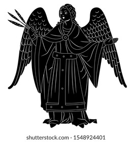 Isolated vector illustration. Standing vintage angel. Black and white silhouette.