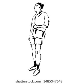 Isolated vector illustration. Standing young man wearing shorts with a shoulder bag. Hand drawn linear doodle sketch. Black and white silhouette.