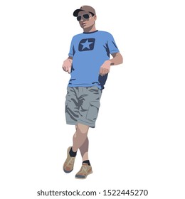 Isolated vector illustration. Standing young man in casual summer cloth.