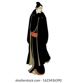 Isolated vector illustration. Standing young Japanese man in kimono. Traditional vintage style.