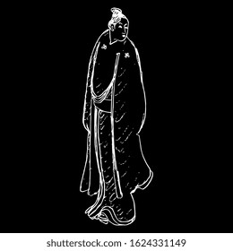 Isolated vector illustration. Standing young Japanese man in kimono. Hand drawn linear doodle sketch. White silhouette on black background.