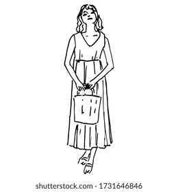 Ilustración vectorial aislada. Chica de pie con bolsa con ropa de verano lujosa. Esbozo de tinta de doodle lineal dibujado a mano. Silueta negra de fondo blanco.