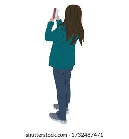 Ilustración vectorial aislada. Mujer joven parada de espaldas con ropa casual con teléfono celular. Muchacha con el pelo suelto tomando foto.