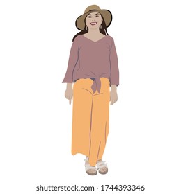 Isolated vector illustration. Standing young lady in summer cloth and hat. Fancy pretty smiling girl.
