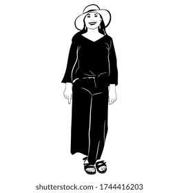 Ilustración vectorial aislada. Joven de pie con ropa y sombrero de verano. Fancy linda morena sonriente. Silueta blanca y negra. Estilo de caricatura.