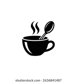 Isolated vector illustration of a steaming black coffee cup and spoon icon, design element for menus, logos, or any design project, solid fill style.