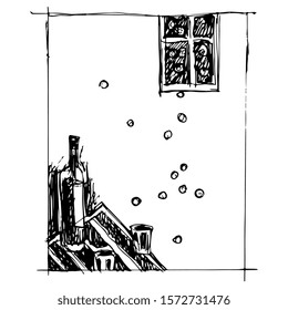 Isolated vector illustration. Still life with table, bottle, two glasses and window. Hand drawn rough linear sketch. Black silhouette on white background.