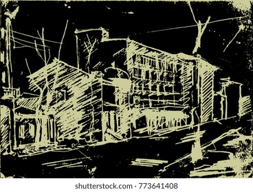 Isolated vector illustration. Street of old European city. Kharkiv or Kharkov city in Ukraine. Based on hand drawn linear architectural sketch.