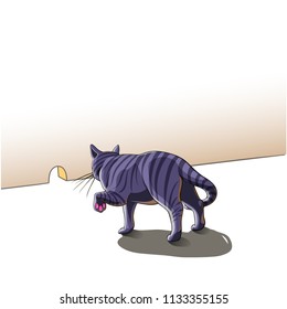 Isolated vector illustration of a stripped grey cat waiting for a mouse near the wall, view from behind.