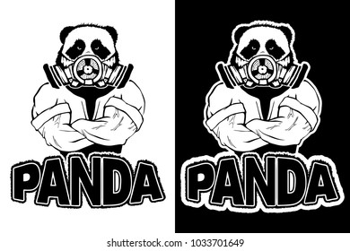 Isolated vector illustration a strong wild panda- man in a gas mask.