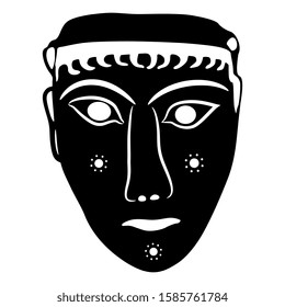 Isolated vector illustration. Stylized ancient Greek female face. Mycenaean art. Aegean sculpture. Black and white silhouette.