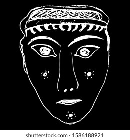 Isolated vector illustration. Stylized ancient Greek female face. Mycenaean art. Aegean sculpture. Hand drawn linear doodle sketch. 
White silhouette on black background.
