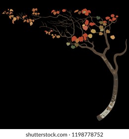 Isolated vector illustration. Stylized autumn tree with bent trunk. Flat cartoon style. On black background.