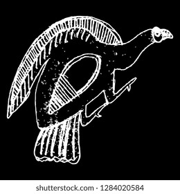 Isolated vector illustration. Stylized bird. Hand drawn linear doodle sketch. White silhouette on black background. Ethnic ancient Greek motif.