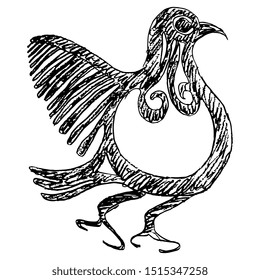 Isolated vector illustration. Stylized bird. Ancient Greek vase painting motif. Hand drawn linear doodle sketch. Black silhouette on white background.
