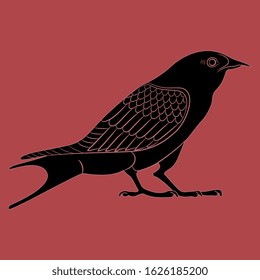 Isolated vector illustration. Stylized bird. Ancient Egyptian motif. Black and red silhouette.