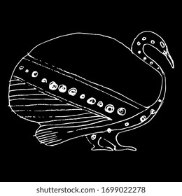 Isolated vector illustration. Stylized bird. Swan or waterfowl. Ancient Greek vase painting motif. Folk style. Hand drawn linear doodle sketch. White silhouette on black background.
