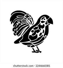 Isolated vector illustration. Stylized   of a Bird. Black silhouette. Flat cartoon style. A black and white rooster with a pattern on it's back legs and wings, standing in a square