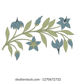 Isolated vector illustration. Stylized branch with flowers. Hand drawn sketch. Vintage motif. Cartoon style.