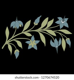 Isolated vector illustration. Stylized branch with flowers. Hand drawn sketch. Vintage motif. Cartoon style. On black background.