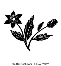 Isolated vector illustration. Stylized branch with leaves and flowers. Black and white silhouette.