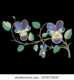 Isolated vector illustration. Stylized branch of pansy flowers. Viola tricolor. On black background.