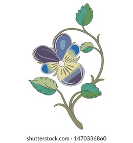 Isolated vector illustration. Stylized branch of pansy flowers. Viola tricolor. 