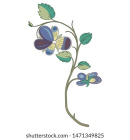 Isolated vector illustration. Stylized branch of pansy flowers. Viola tricolor.