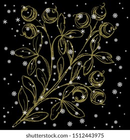 Isolated vector illustration. Stylized branch with leaves and berries under snowflakes. Hand drawn sketch. Golden silhouette on black background.  