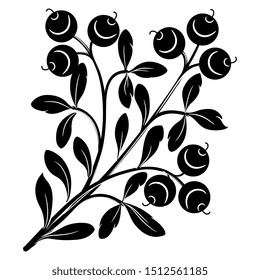 Isolated vector illustration. Stylized branch with leaves and berries. Black and white silhouette. Folk style.
