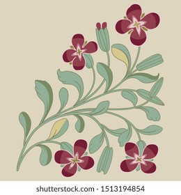 Isolated vector illustration. Stylized branch with leaves and flowers. Folk style. Corner decor.