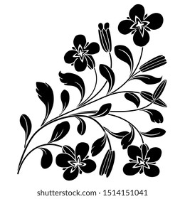 Isolated vector illustration. Stylized branch with leaves and flowers. Corner decor. Black and white silhouette.