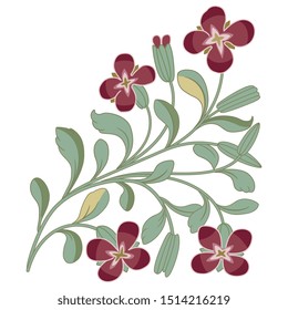 Isolated vector illustration. Stylized branch with leaves and flowers. Folk style. Corner decor.