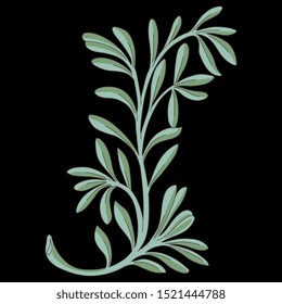 Isolated vector illustration. Stylized branch with leaves. On black background.