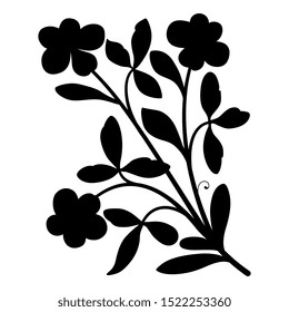 Isolated vector illustration. Stylized branch with leaves and flowers. Vintage floral motif. Black silhouette on white background.
