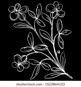 Isolated vector illustration. Stylized branch with leaves and flowers. Vintage floral motif. Hand drawn linear sketch. White silhouette on black background.