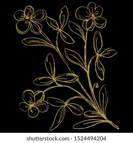 Isolated vector illustration. Stylized branch with leaves and flowers. Vintage floral motif. Hand drawn linear sketch. Golden silhouette on black background.