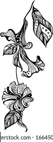 Vektorillustration einzeln. Stilftiger Ast aus gebindeten Blumen.Schwarz-Weiß-Silhouette.