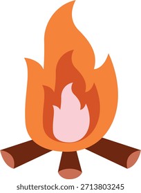 Isolierte Vektorgrafik eines stilisierten Lagerfeuers mit orangefarbenen und roten Flammen auf drei Holzstämmen. Ideal für Camping-, Outdoor- und Abenteuerthemen
