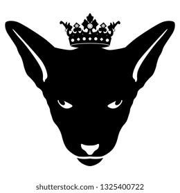 Isolated vector illustration. Stylized cat's head in a crown. Black and white flat silhouette. Logo style.
