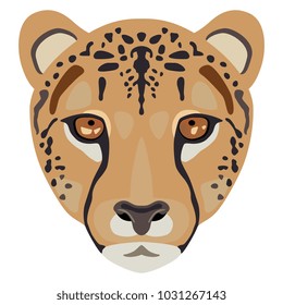 Isolated vector illustration of a stylized cheetah face. Flat cartoon style.