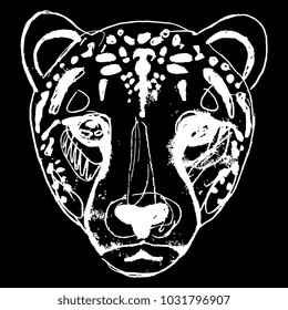 Isolated vector illustration of a stylized cheetah face. Hand drawn linear doodle sketch. White silhouette on black background.