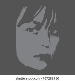 Isolated vector illustration. Stylized closeup of a sad female face. Monochrome graphic.