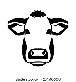 Isolated vector illustration. Stylized   of a Cow. Black silhouette. Flat cartoon style. A cow's head with a flower in its ear and a nose ring on it's head