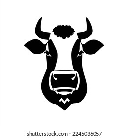 Ilustración vectorial aislada. Estilizado   de una vaca. Silueta negra. Estilo de caricatura plano. Una vaca con cuernos y barba en la cabeza se muestra en una imagen en blanco y negro sobre un fondo blanco
