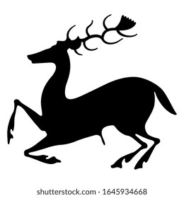 Isolated vector illustration. Stylized deer with antlers. Black silhouette on white background.