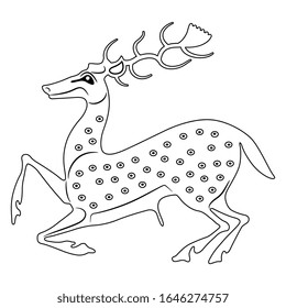 Isolated vector illustration. Stylized deer with antlers. Black and white linear silhouette. Ancient Greek vase painting motif.