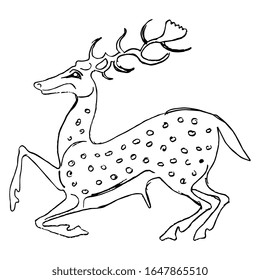 Isolated vector illustration. Stylized deer with antlers. Ancient Greek vase painting motif. Hand drawn linear doodle sketch. Black silhouette on white background.