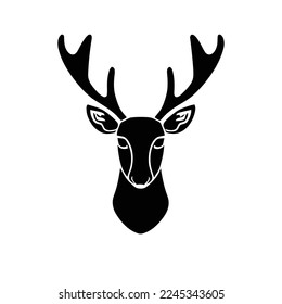 Isolated vector illustration. Stylized   of a Deer. Black silhouette. Flat cartoon style. A deer's head with antlers on it's head, black and white, on a white background