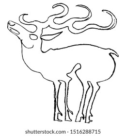 Isolated vector illustration. Stylized elk or deer. Ancient Siberian Scythian motif. Hand drawn doodle sketch. Black and white linear silhouette.
